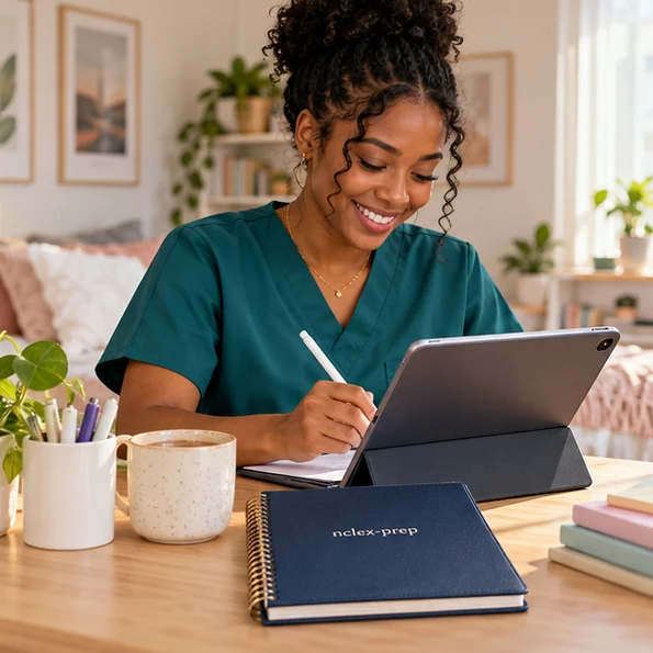 Illustrative nursing student studying with a tablet at home