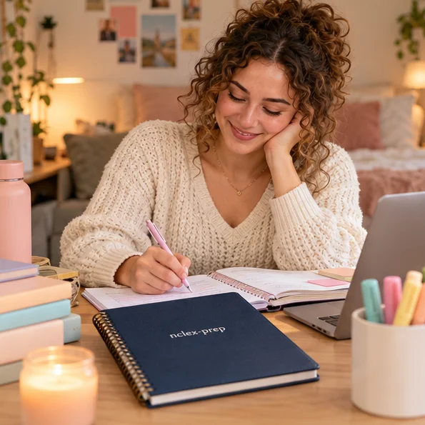 Illustrative student working through her study notes
